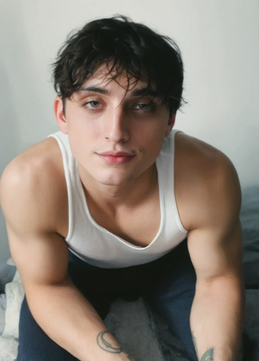 there is a man with a tattoo on his arm sitting on a bed, raphael personnaz, tommy 1 6 years old, timothee chalamet, halfbody headshot, taken in the early 2020s, headshot profile picture, profile image, mid-shot of a hunky, inspired by Luca Zontini, beautiful androgynous prince, profile pic