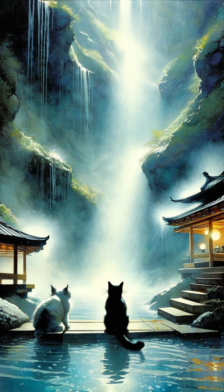 (space onsen style:1.3),Fantasy onsen in outer space,Wonder, discomfort, healing, Two women with cat ears,beautiful,cool, a fun day, Hidden hot springs, dark and creepy creatures,(rembrandt lighting:1.2), embarrassing, have a cat, cat-lake, darknight,mist, midnight, darknight, (mist:1.4),Surprised and flustered, moon,Close-up of the upper body,a little sweat, perfect anatomy, Artistic, memorable masterpieces, moments in history,Peeping onsen-cats,(steam:1.6),a little sweat, Strong wind blowing, from behind,from below, (fantastical and mesmerizing scenery) Watercolor:1.4, Delicate, Detail, Masterpiece, (onsen-cats:1.4), (masterpiece:1.2),(best quality:1.2),newest,intricate details,(art inspired by Bill Sienkiewicz). oil painting)