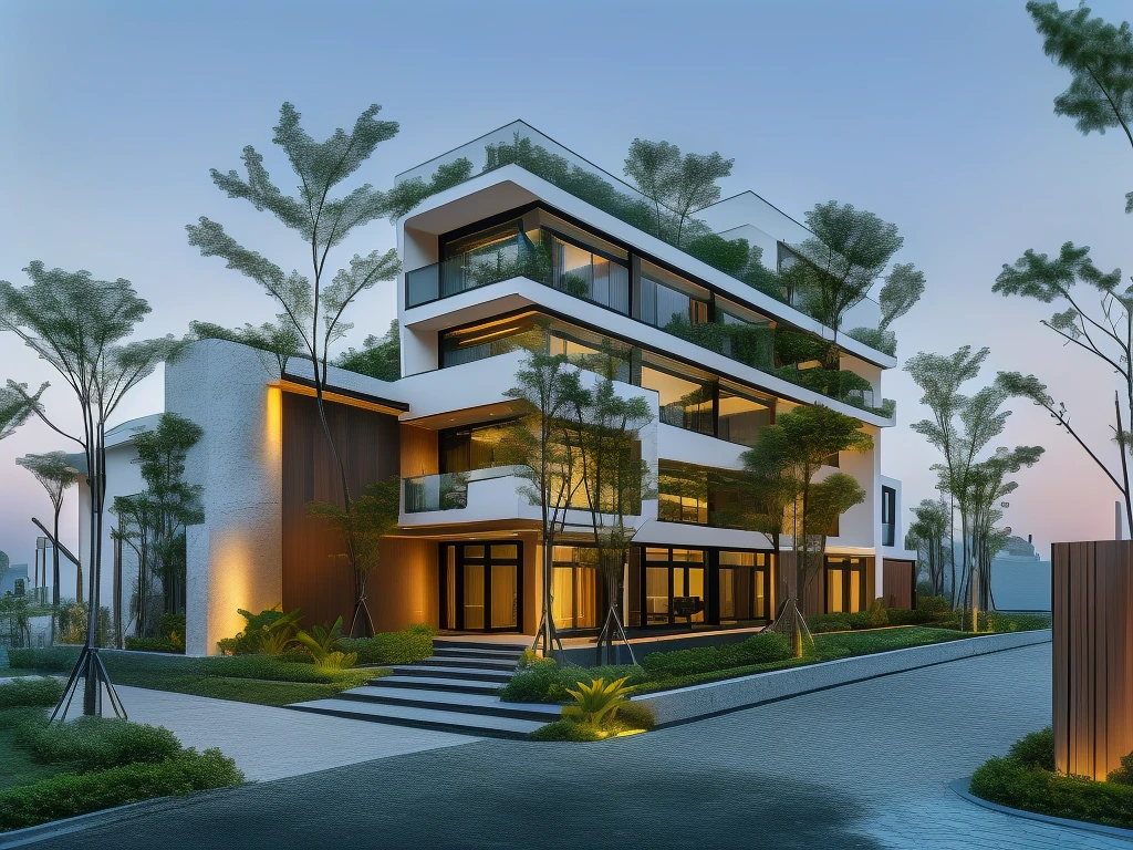 3D render of a beautiful house, Dark, gray tones, white wall. lumion render, night time render, insanely detailed rendering, realistic architecture, architectural visualization. The house is adorned with elegant lighting and plants to enhance its exterior appearance in a Vietnam city street. The staircase leading into the house is tiled with black marble and has bright LED lights. Behind are hills and mountains with clear blue sky. balcony with green plants. The main door is made of black aluminum and glass reaching up to the ceiling. Looking through the glass windows to look inside the house with luxurious interiors with luxurious and warm lights, interior lighting rendering and lighting effects. marble and wood and glass, dark and modern, luxcore render, taken with professional photography techniques, using a wide angle lens with bright natural light and high resolution details, in the style of professional photograph, hyper realistic, highly detailed.