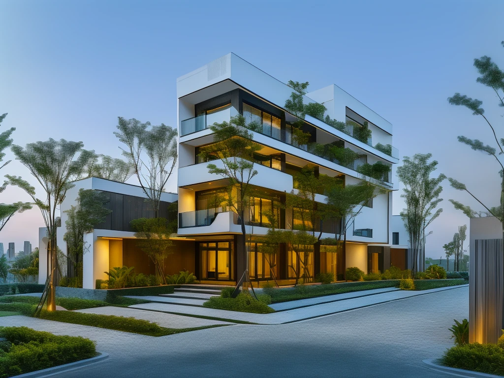 3D render of a beautiful house, Dark, gray tones, white wall. lumion render, night time render, insanely detailed rendering, realistic architecture, architectural visualization. The house is adorned with elegant lighting and plants to enhance its exterior appearance in a Vietnam city street. The staircase leading into the house is tiled with black marble and has bright LED lights. Behind are hills and mountains with clear blue sky. balcony with green plants. The main door is made of black aluminum and glass reaching up to the ceiling. Looking through the glass windows to look inside the house with luxurious interiors with luxurious and warm lights, interior lighting rendering and lighting effects. marble and wood and glass, dark and modern, luxcore render, taken with professional photography techniques, using a wide angle lens with bright natural light and high resolution details, in the style of professional photograph, hyper realistic, highly detailed.