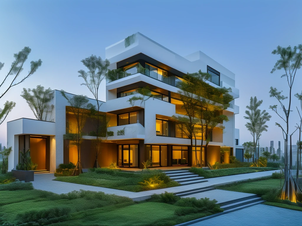 3D render of a beautiful house, Dark, gray tones, white wall. lumion render, night time render, insanely detailed rendering, realistic architecture, architectural visualization. The house is adorned with elegant lighting and plants to enhance its exterior appearance in a Vietnam city street. The staircase leading into the house is tiled with black marble and has bright LED lights. Behind are hills and mountains with clear blue sky. balcony with green plants. The main door is made of black aluminum and glass reaching up to the ceiling. Looking through the glass windows to look inside the house with luxurious interiors with luxurious and warm lights, interior lighting rendering and lighting effects. marble and wood and glass, dark and modern, luxcore render, taken with professional photography techniques, using a wide angle lens with bright natural light and high resolution details, in the style of professional photograph, hyper realistic, highly detailed.