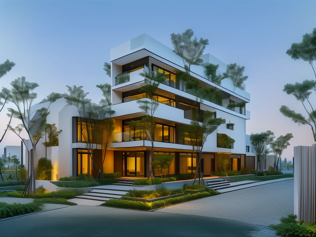 3D render of a beautiful house, Dark, gray tones, white wall. lumion render, night time render, insanely detailed rendering, realistic architecture, architectural visualization. The house is adorned with elegant lighting and plants to enhance its exterior appearance in a Vietnam city street. The staircase leading into the house is tiled with black marble and has bright LED lights. Behind are hills and mountains with clear blue sky. balcony with green plants. The main door is made of black aluminum and glass reaching up to the ceiling. Looking through the glass windows to look inside the house with luxurious interiors with luxurious and warm lights, interior lighting rendering and lighting effects. marble and wood and glass, dark and modern, luxcore render, taken with professional photography techniques, using a wide angle lens with bright natural light and high resolution details, in the style of professional photograph, hyper realistic, highly detailed.