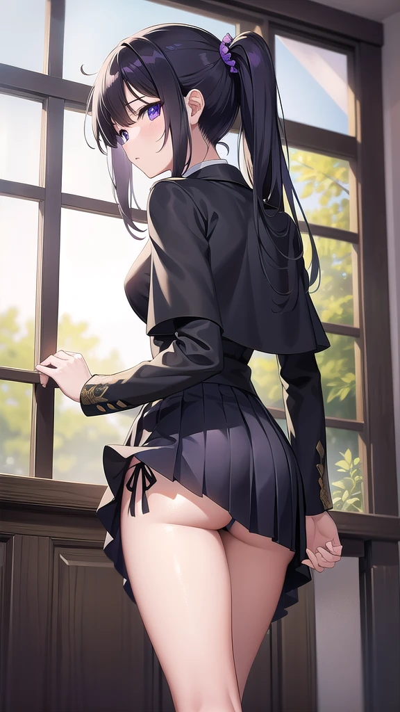 kanaotsuyuri, kanao tsuyuri, black hair, butterfly, butterfly hair ornament, (purple eyes:1.1), side ponytail, ponytail,
BREAK black skirt, cape, demon slayer uniform, long sleeves, pleated skirt, skirt, white cape,
BREAK looking at viewer,
BREAK indoors, classroom,school,lights,
BREAK (masterpiece:1.2), best quality, high resolution, unity 8k wallpaper, (illustration:0.8), (beautiful detailed eyes:1.6), extremely detailed face, perfect lighting, extremely detailed CG, (perfect hands, perfect anatomy),fishnet pantyhoes, full body shot, from below, showing panties,lace panties,