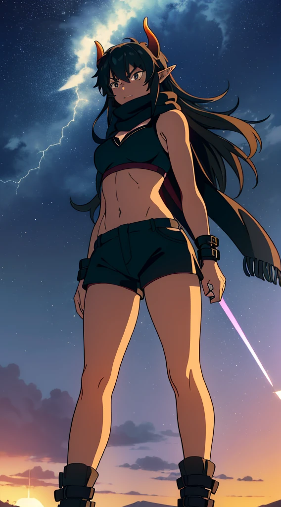 (1girl ,25s,adult,mature female),long hair, black hair,horns,elf ears,((black scarf)),cleavage,(((dark skin))),(black sports bra,black sports, shorts, midriff),angry,walking,from below, montains,lightnings,thunders,night,stars,thunder clouds,leather boots,