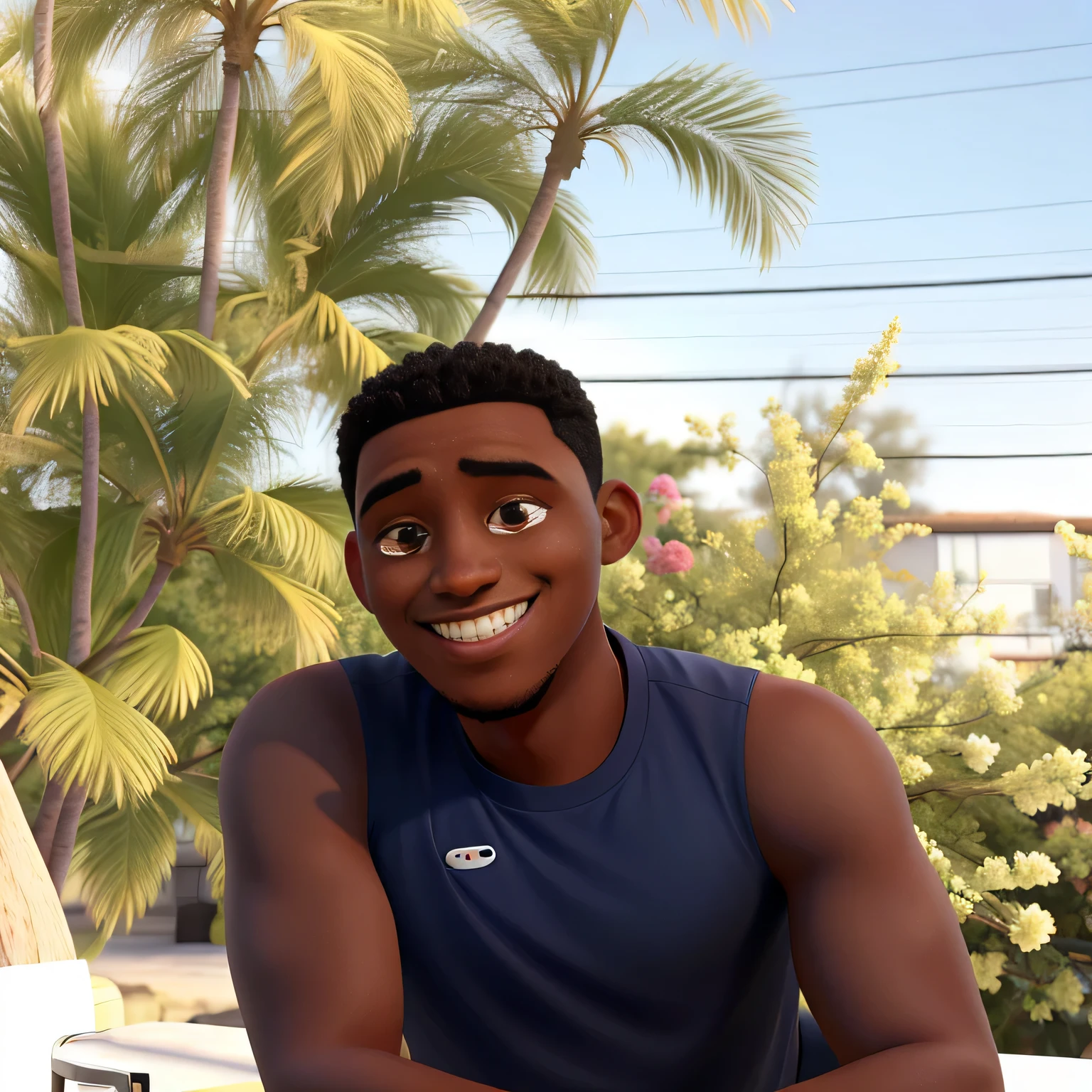 a black man, smiling, wearing a white and blue shirt