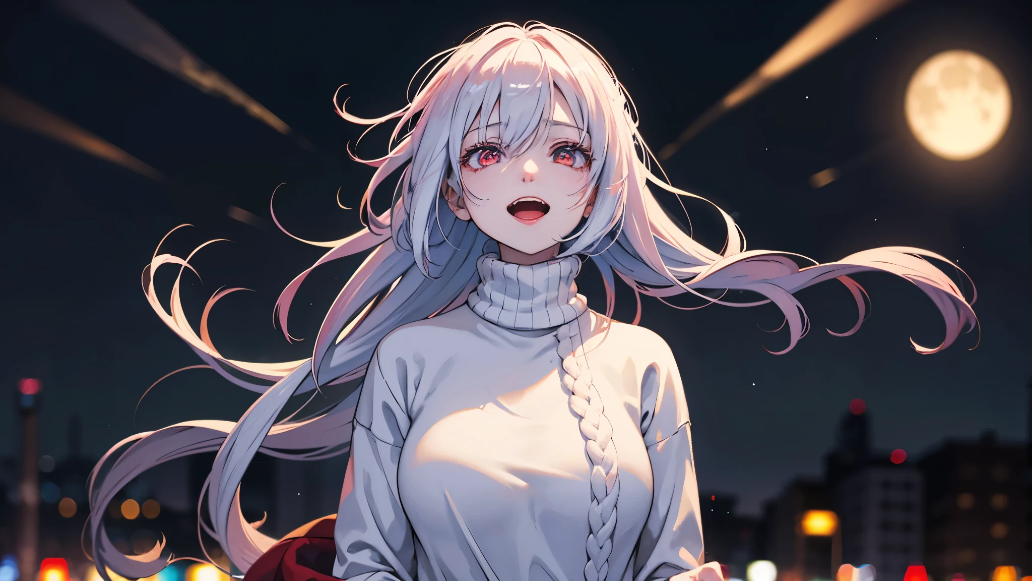 a girl, cosy sweater on, red eyes, night city, upper body, (huge Smirk:1.1), (open mouth:1.1), (wide open eyes:1.2), moon glare, bokeh, depth of field, blurry background, light particles, strong wind, (heart particles:1.1)