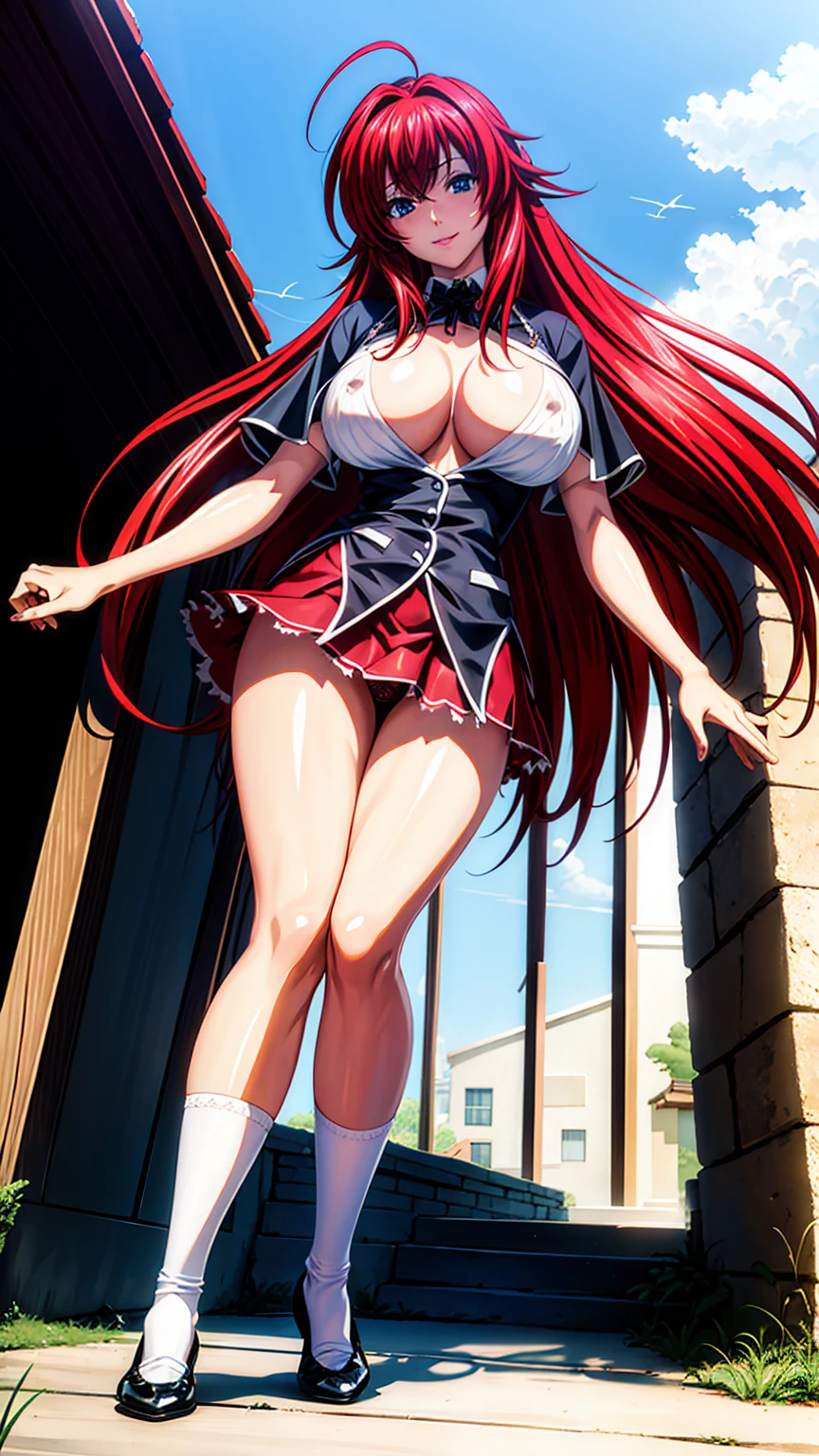 (masterpiece:1.2), (photorealistic:1.2), (best quality),((realistic:1.3)), (detailed skin:1.3), (intricate details), dramatic, ray tracing,finely detailed, quality,realistic lighting,huge breasts,1girl,1girl, rias_gremory,, red hair, ahoge, blue eyes, large breasts, very long hair, breasts, red skirt, huge ahoge, socks,,full body,smile,looking at viewer,(outdoors,dynamic pose)