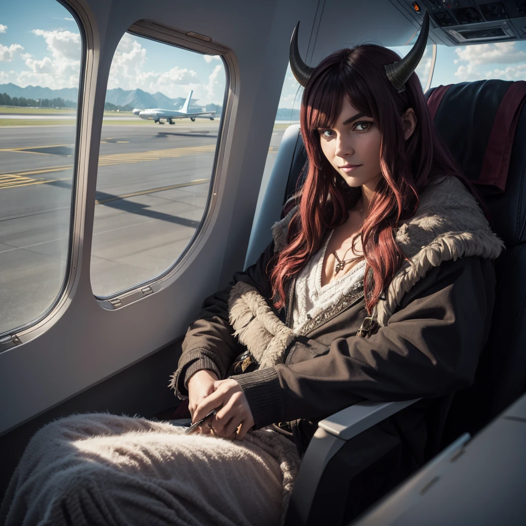 A horned shaggy demon sits next to a on an airplane near the window, A high resolution, detailing
