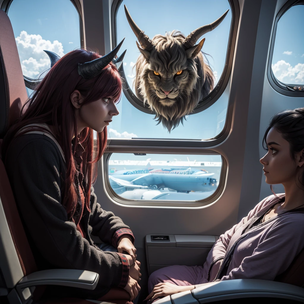 A horned shaggy demon sits next to a  on an airplane near the window, A high resolution, detailing 