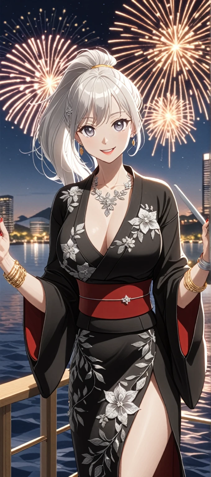 ((one personの女性)), Pretty Face, (Laugh shyly), (Charming smile:1.4), ((Blink:1.5)), ((Tilting your head:1.1)), mouth open and laughing, Upper Fang, View your audience, ((Strike sexy poses)), ((Full face of arrogance:1.4)), Lustrous red lips, ((Large Breasts:1.3)), Night Harbor, Terrace with sea view, Fireworks, Lustrous red lips, (Shiny face), ((Anime style background)),masterpiece, best quality, so beautiful,up-to-date, complicated details, (Long red nails), (Nail Art), (ring),(bracelet),(Floral necklace), Artificial Intelligence Generation, complicated,high resolution, best quality, Ultra-high quality,3D Graphics、3D Graphics,one person,Long white hair,High Ponytail, Anime girl posing for photos, ((Silver Eyes:1.7)), ((Fine particles、Light blue eyes、Shining eyes:1.4)), (Squint your eyes:1.1),a hyperPractical , hyperPractical , Practical,Long white hairのアニメ女性, Smooth anime CG art, (Woman wearing a colorful kimono with gold embroidery), ((Black Kimono:1.5)), Red floral pattern,Long flower hair accessories,Floral Earrings,((Black high heel sandals)),Mature body,High target,Abdominal muscles,Tight waist, ((whole body:1.5)), (Zoom in on the face), (Hook of Holland:1.3),