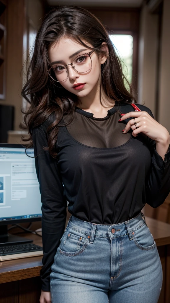 Woman,Brunetette,20 year,vestimentas,jeans,cerulean,black blouse,wearing glasses,red lipgloss stick,curly hair,robot hand,utra HD