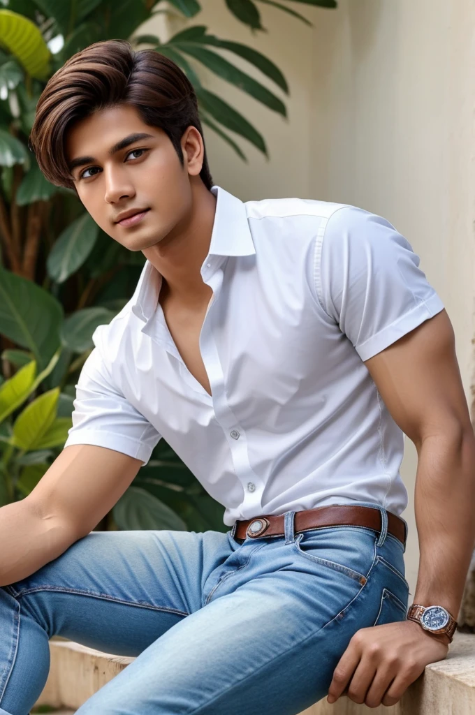 25 years old boy with muscular body hazel eyes tall height and white toned skin brown hairs wear white shirt blue jeans and hin look match with siridevi