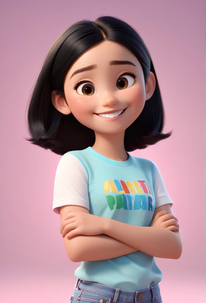 A young 14 year old girl, black hair, straight, sweet and happy as standard, 3D Pixar style, (high quality, 4k, 8k, high resolution, high resolution: 1.2), ultradetail, (realistic, photorealistic, photorealistic: 1.37), portraits, bright cores, studio lighting