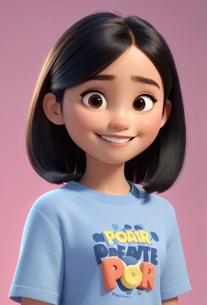 A young 14 year old girl, black hair, straight, sweet and happy as standard, 3D Pixar style, (high quality, 4k, 8k, high resolution, high resolution: 1.2), ultradetail, (realistic, photorealistic, photorealistic: 1.37), portraits, bright cores, studio lighting