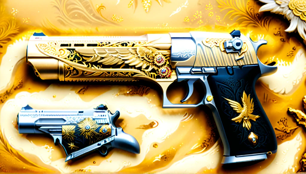 A highly-detailed long wide shot digital illustration of an ornate, (“Desert Eagle pistol”:1.37) with intricate Furry Eagle and scrollwork engravings Notched, gold golden accents, delicate artistic patterns, and a neutral textured background. ((more detail, enhanced_themed-gun)).