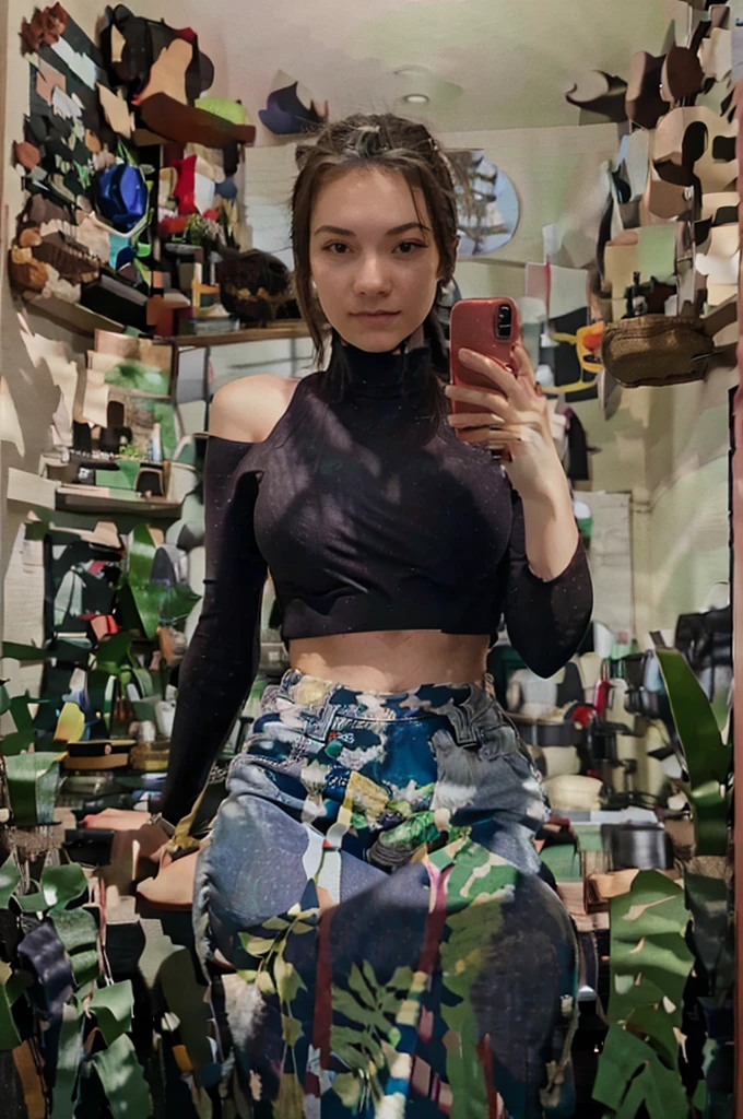 taking a photo in his room, selfie for instagram, wearing black leggings, fitted top