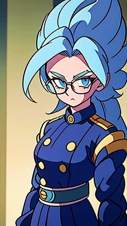 Anime, 1 girl, super saiyan, very large ponytail, cyan hair, blue eyes, round glasses, medium strong body, medium bust, military's uniform, arms closed