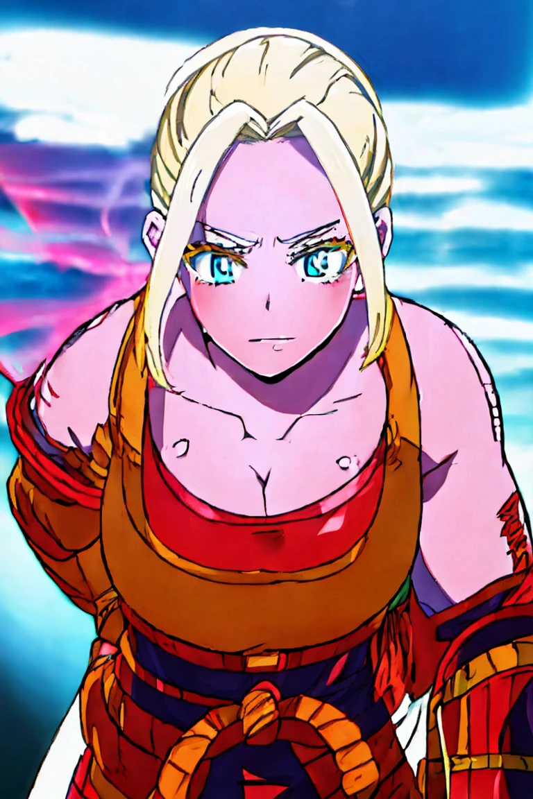 a muscular heroic superheroine, dramatic large costume, MHA anime style, anime niji, My Hero Academia, beautiful detailed eyes, beautiful detailed lips, extremely detailed eyes and face, long eyelashes, powerful, bold, confident expression, dynamic pose, action, energy, vibrant colors, cinematic lighting, volumetric fog, epic, intricate, highly detailed, 8k, best quality, masterpiece, photorealistic, color grading, dramatic lighting, cinematic