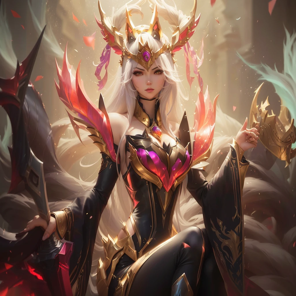 arafed image of a woman with a crown and a sword, irelia, riot games concept art, kda, portrait of ahri, league of legends splash art, style artgerm, extremely detailed artgerm, league of legends concept art, ahri, irelia from league of legends, katarina, ig model | artgerm