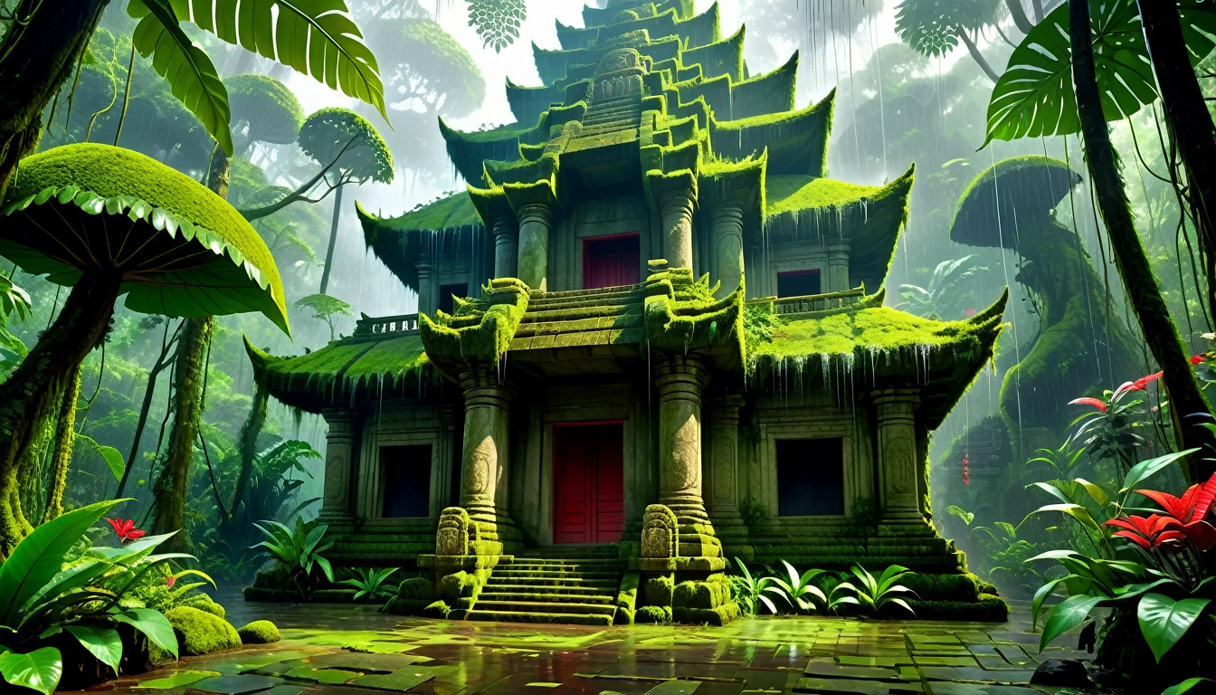  anime aestetics, anime scenery, daytime, rainforest, jungle, stone temple in the jungle, civered in moss, wines everywhere, downpour, strong, rain, mystic atmosphere, ancient structure, ttall tress, jungle plants, huge leavesm, beautifl big red jungle flowers, predator plants, perspective, atmospheric perspective, wide shot, highres, 4K, 8k, award winning, super detail, masterpiece