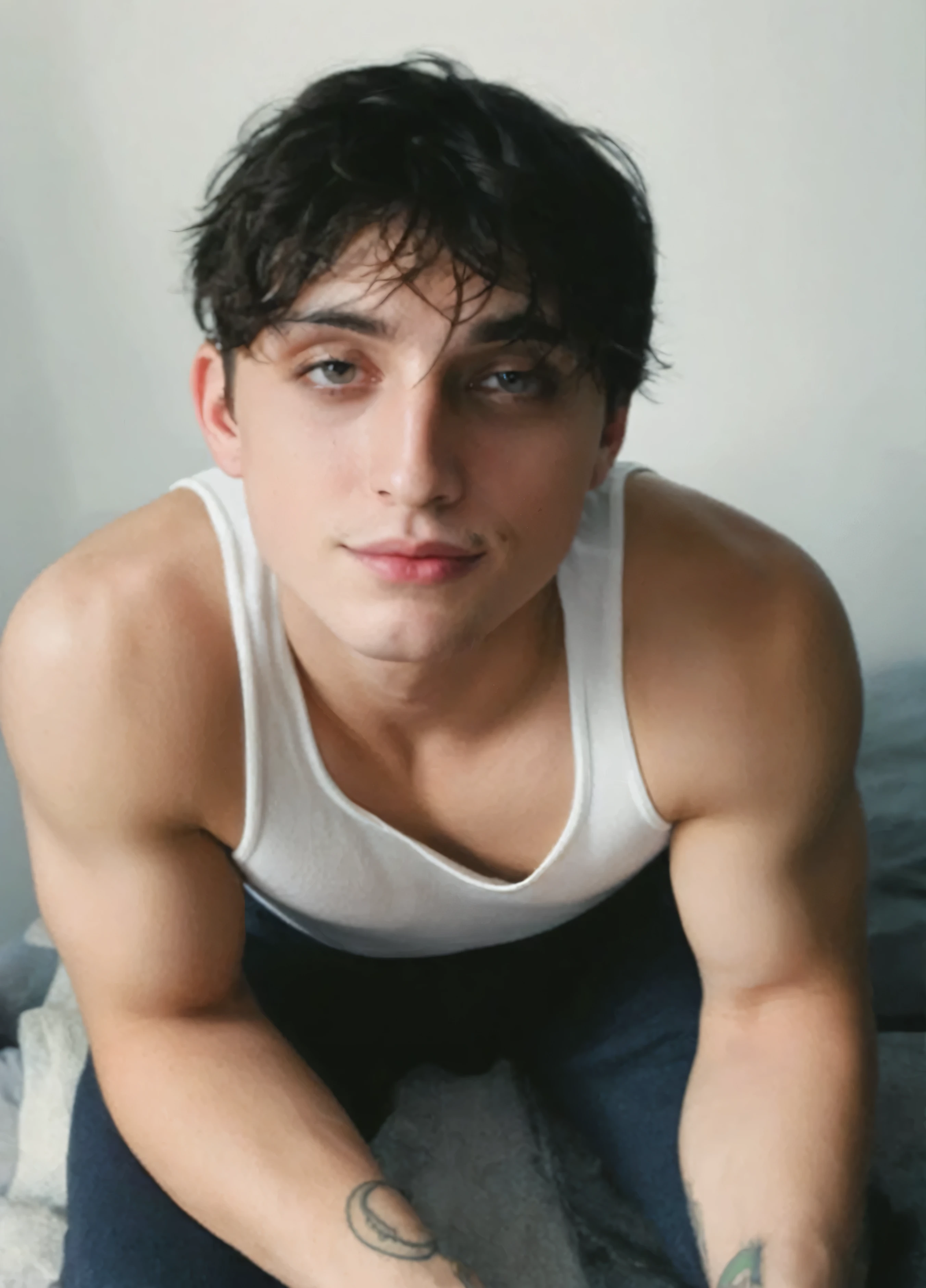 there is a man with a tattoo on his arm sitting on a bed, raphael personnaz, tommy 1 6 years old, timothee chalamet, halfbody headshot, taken in the early 2020s, headshot profile picture, profile image, mid-shot of a hunky, inspired by Luca Zontini, beautiful androgynous prince, profile pic