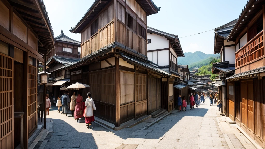 Townscape of the Edo period in Japan　A lot of people　merchant　warrior　The town is lively with young girls.