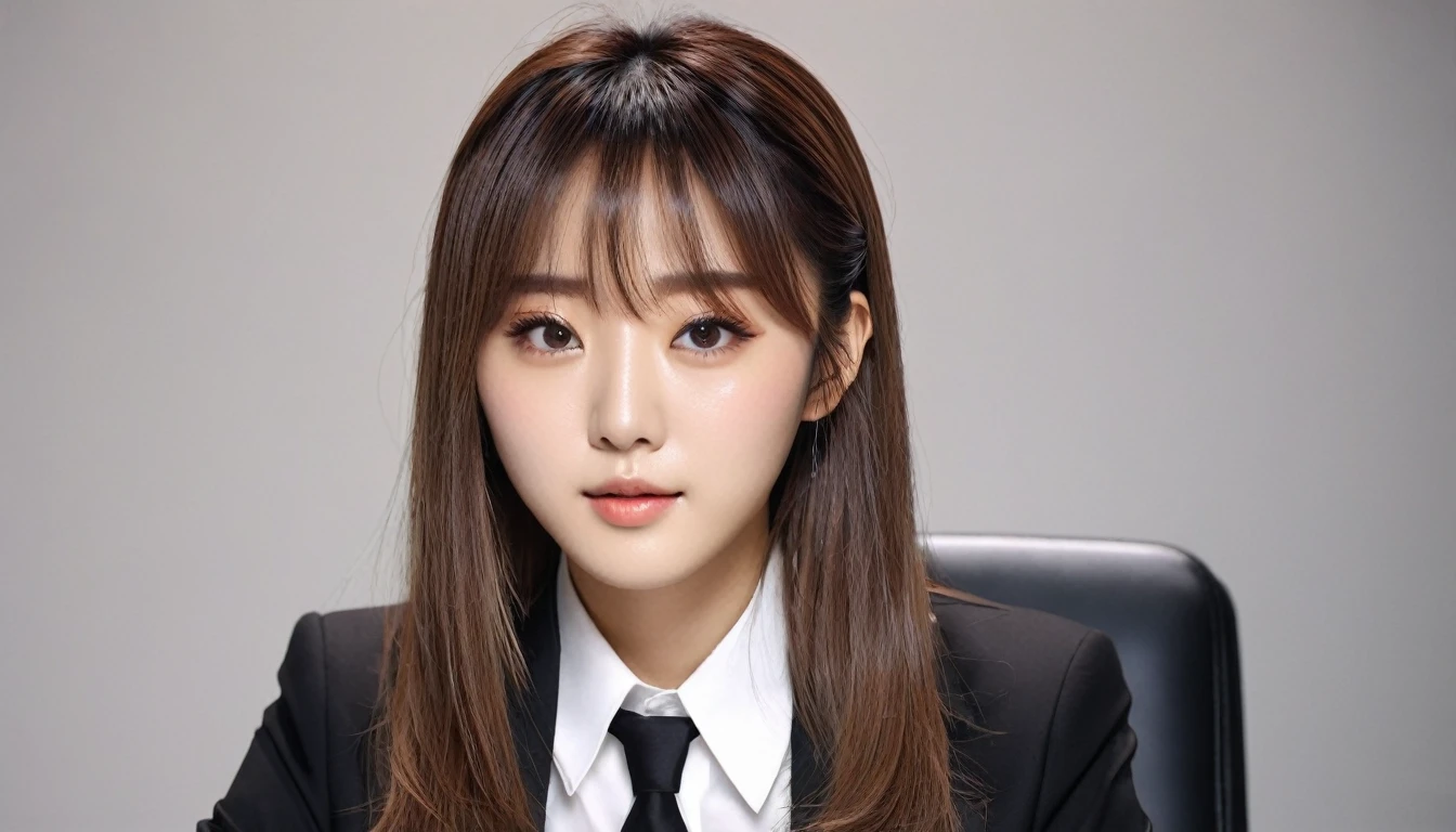 masterpiece、1 beautiful girl、fine grain、Puffy eyes、Highest quality, 超High resolution, (reality: 1.4), Cinema Lighting、Japanese、Asian Beauty、so beautiful、Beautiful Skin、thin、Body facing forward、(超reality的な)、(High resolution)、(8K)、(Very detailed)、(beautiful fine grains)、(Very detailed)、 (wall-)、Detailed face、Bright lighting、Professional Lighting、Looking at the audience、Look straight ahead、(Dressed in a black business suit.)、Television Station,News Studio,Sitting at a desk,Long Hair, Beautiful Hair, Asymmetrical bangs, 、Brown Hair、Japanese Idols、news caster, Passionate idol pose、、21 years old、expensive, Serious expression,