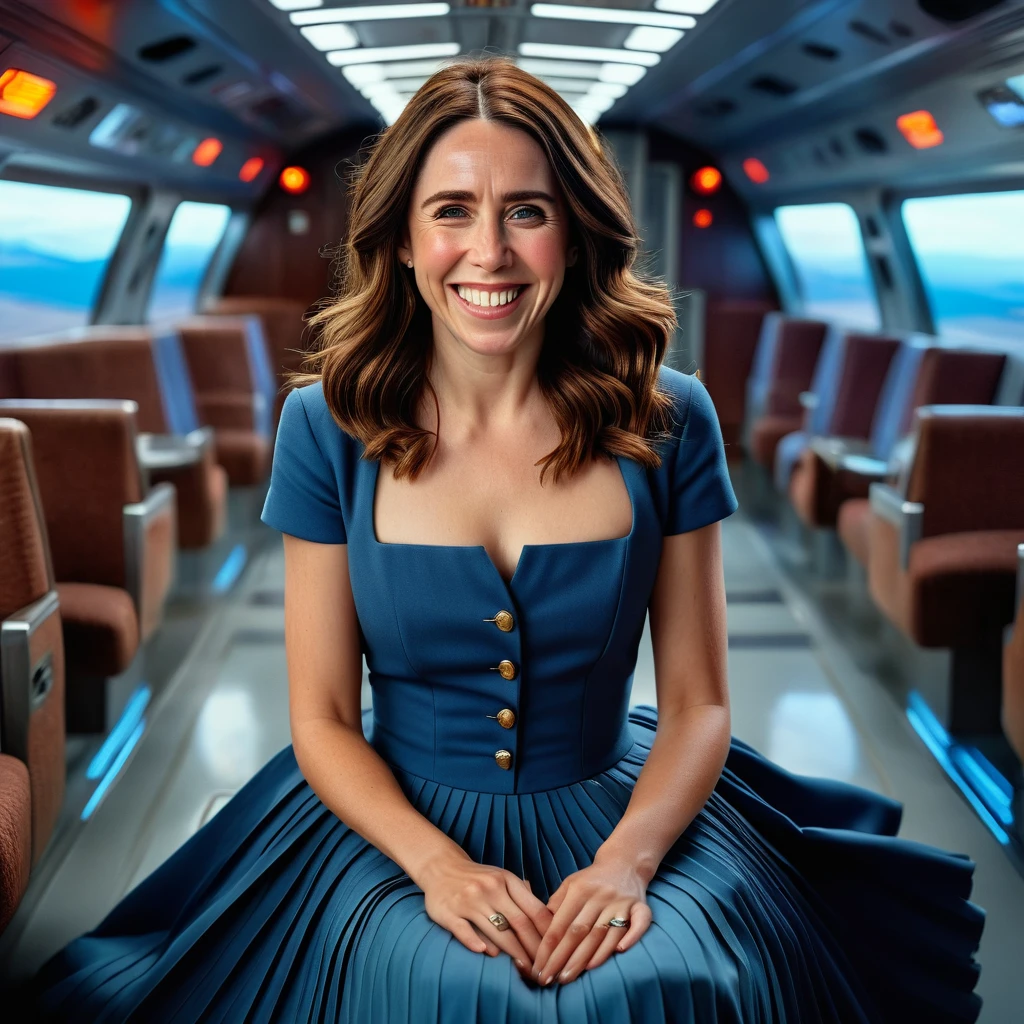 Insatiable Skirt lover and kind, shy woman Jacinda Ardern has Intense Orgasming love for her skirt, sitting and wearing (long pleated full circle skirt), uniform jacket and strapless low pump office shoes, (pronounced (feminine) features), (very windy), skirt is flowing wildly in the wind, inside a spaceship travelling through deep space, very, very intricate hyper-detailed symmetric (attractive graceful young feminine face) with (sad, tired eyes and a loving smile), very voluptuous breasts, full of empathy and compassion and love, (pronounced (feminine) features), (highly detailed ultra accurate realistic) hands and fingers, (windy), epic composition, highly detailed attributes, (35mm f1.4 Kodak portra 400 photograph), extremely high quality RAW photograph, highly detailed atmosphere, sci-fi, cinematic shot, dynamic lighting, 75mm, Technicolor, Panavision, cinemascope, sharp focus, fine details, 8k, HDR, realism, realistic, key visual, film still, superb cinematic color grading, depth of field