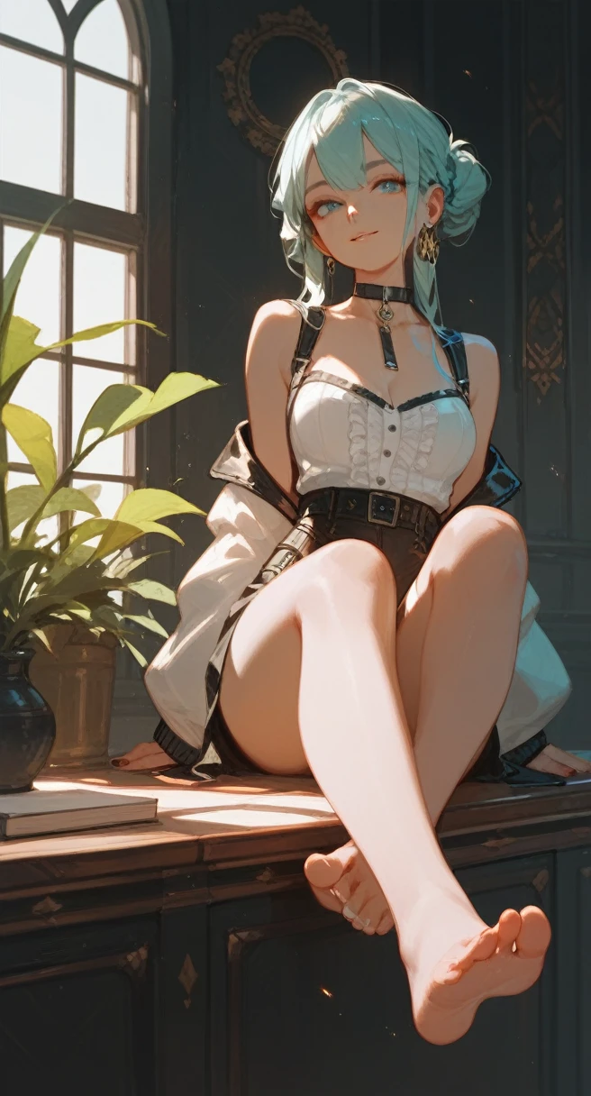 detailed and intricate,masterpiece, top quality, high resolution,Violet evergarden,nsfw, nude, gloves, brooch, blur eyes, blonde,nsfw, nude,slim body,Slender body, flat chest,Slender、Slender legs,nsfw, nude,Sit with legs stretched out、sitting wooden chair、typewriter on a wooden desk,