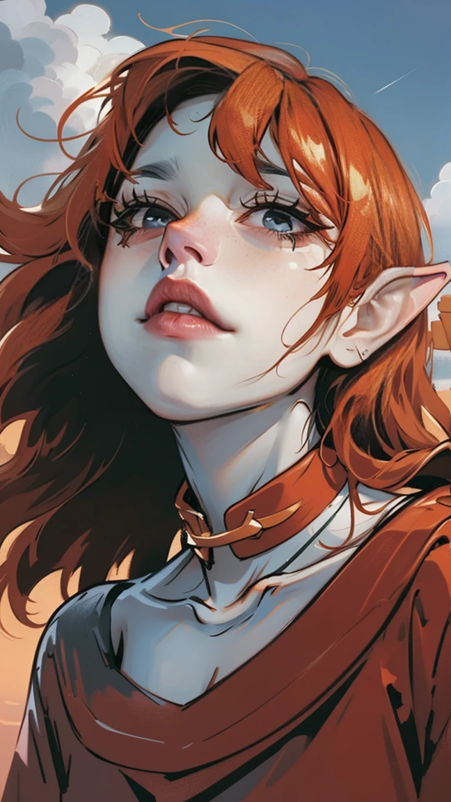 vox machina style, (very detailed background:1.5), outdoors,
1girl, solo, pointy ears, green eyes, freckles, long hair, open mouth, red hair, cloud, portrait, teeth, sky, parody, orange hair, cloudy sky, hand up, outdoors
, ((masterpiece))