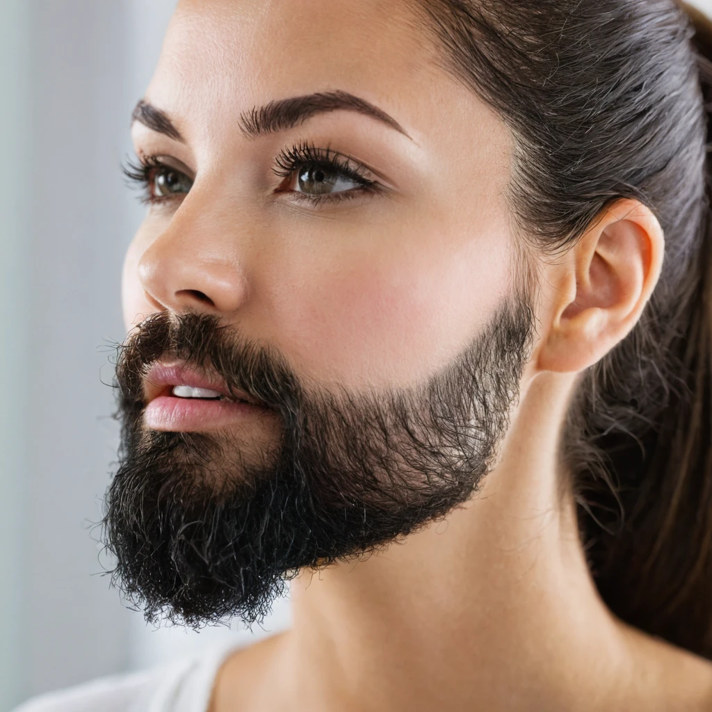 femme à barbe transgenre tenant une boite de minoxidil kirkland