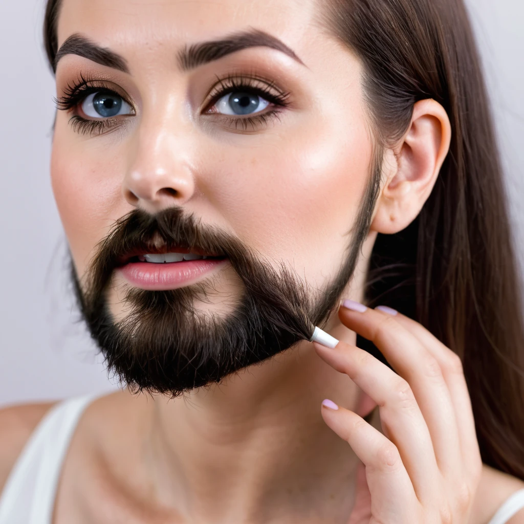 femme à barbe transgenre tenant une boite de minoxidil kirkland