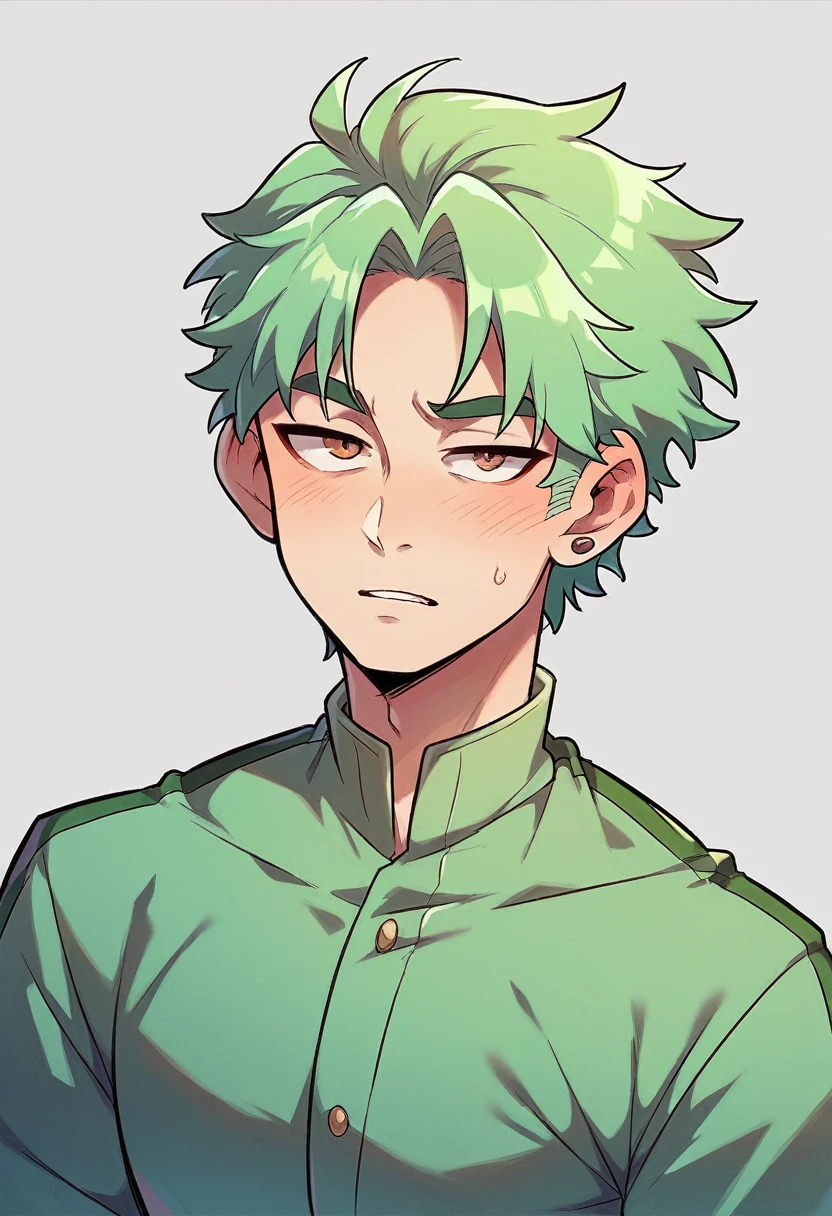 create a friendly male asian college student with light green hair and green clothes, no background