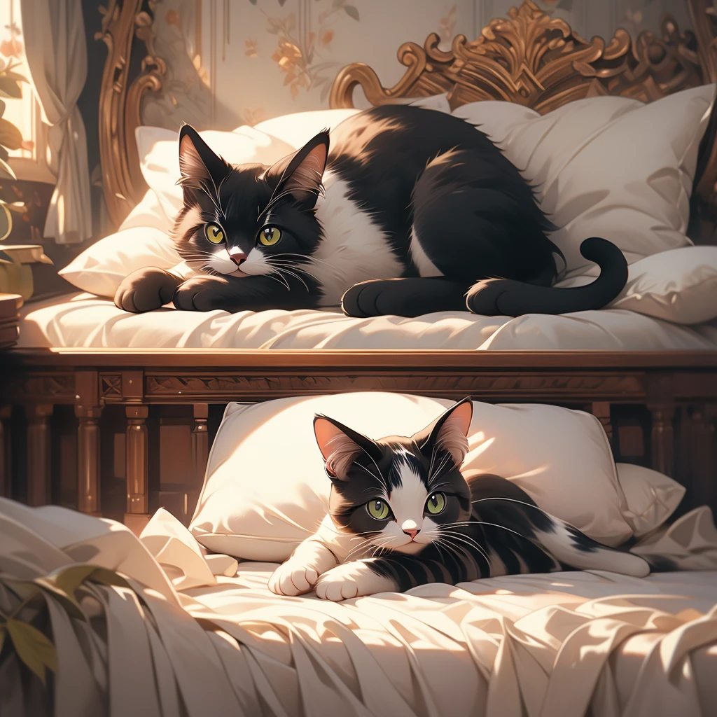 a cat lying on a bed in a room.