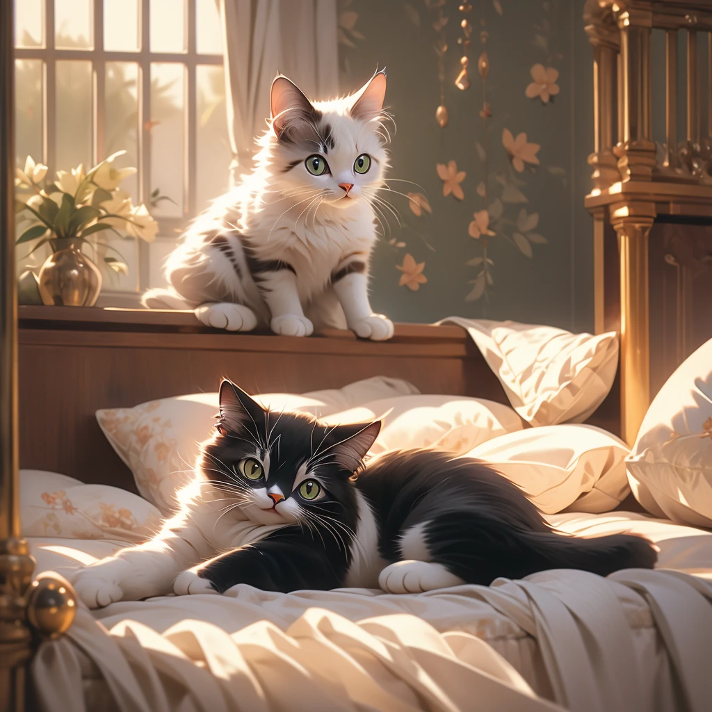 a cat lying on a bed in a room.
