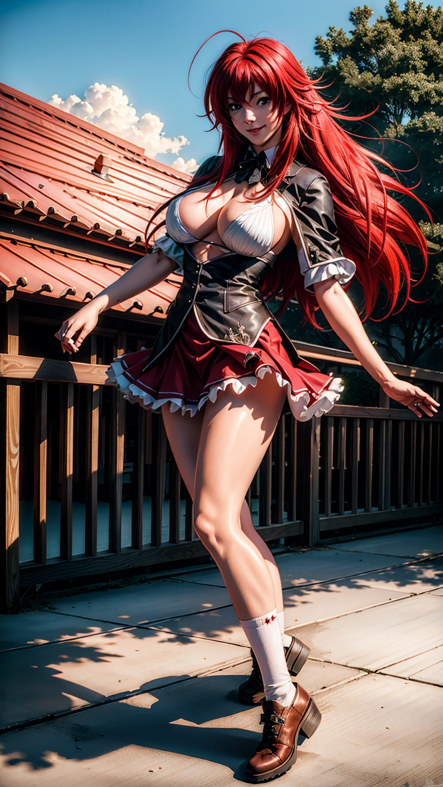 (masterpiece:1.2), (photorealistic:1.2), (best quality),((realistic:1.3)), (detailed skin:1.3), (intricate details), dramatic, ray tracing,finely detailed, quality,realistic lighting,huge breasts,1girl,1girl, rias_gremory,, red hair, ahoge, blue eyes, large breasts, very long hair, breasts, red skirt, huge ahoge, socks,,full body,smile,looking at viewer,(outdoors,dynamic pose)