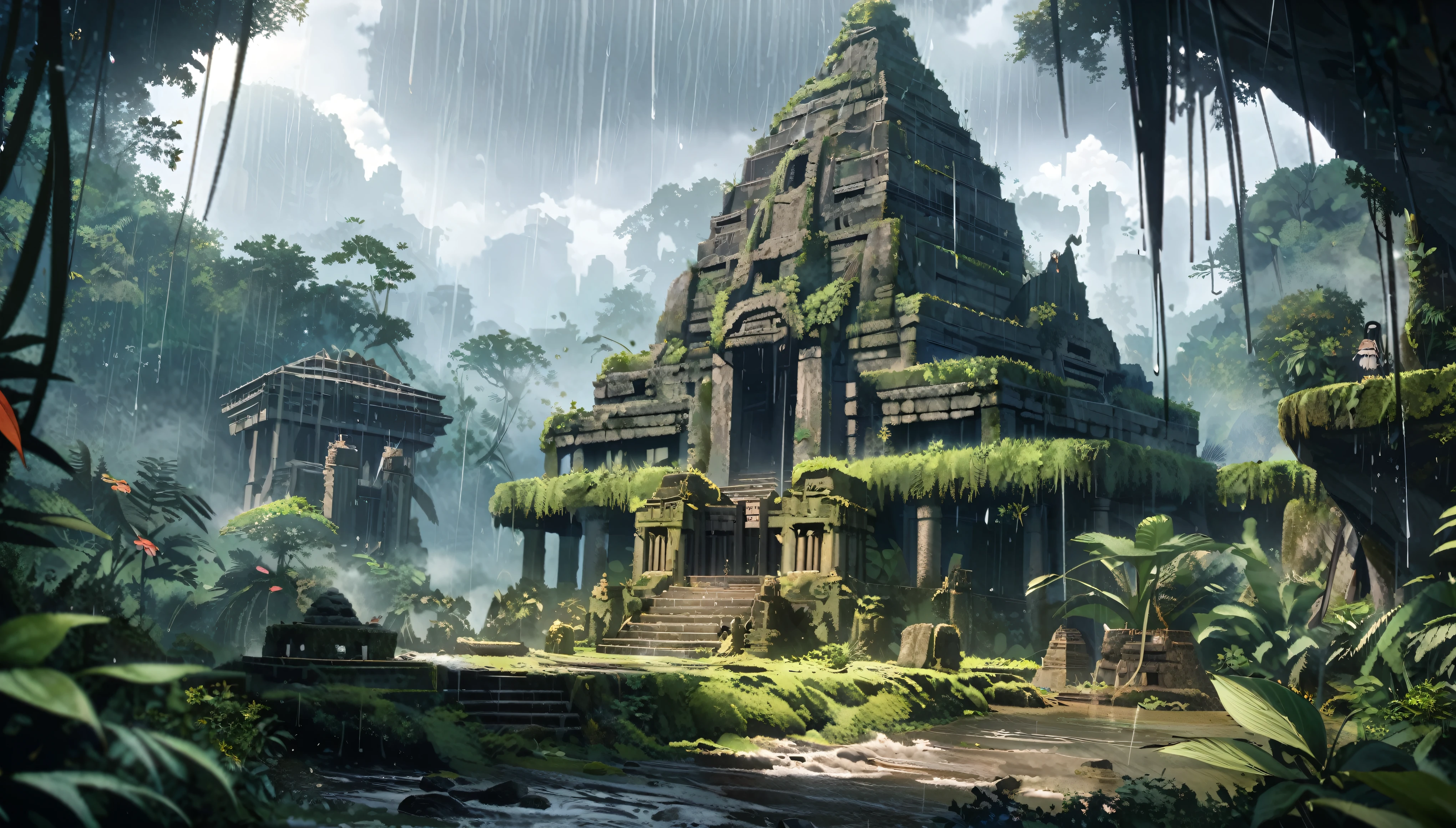 anime aestetics, anime scenery, daytime, rainforest, jungle, stone temple in the jungle, civered in moss, wines everywhere, downpour, strong, rain, mystic atmosphere, ancient structure, ttall tress, jungle plants, huge leavesm, beautifl big red jungle flowers, predator plants, perspective, atmospheric perspective, wide shot, highres, 4K, 8k, award winning, super detail, masterpiece