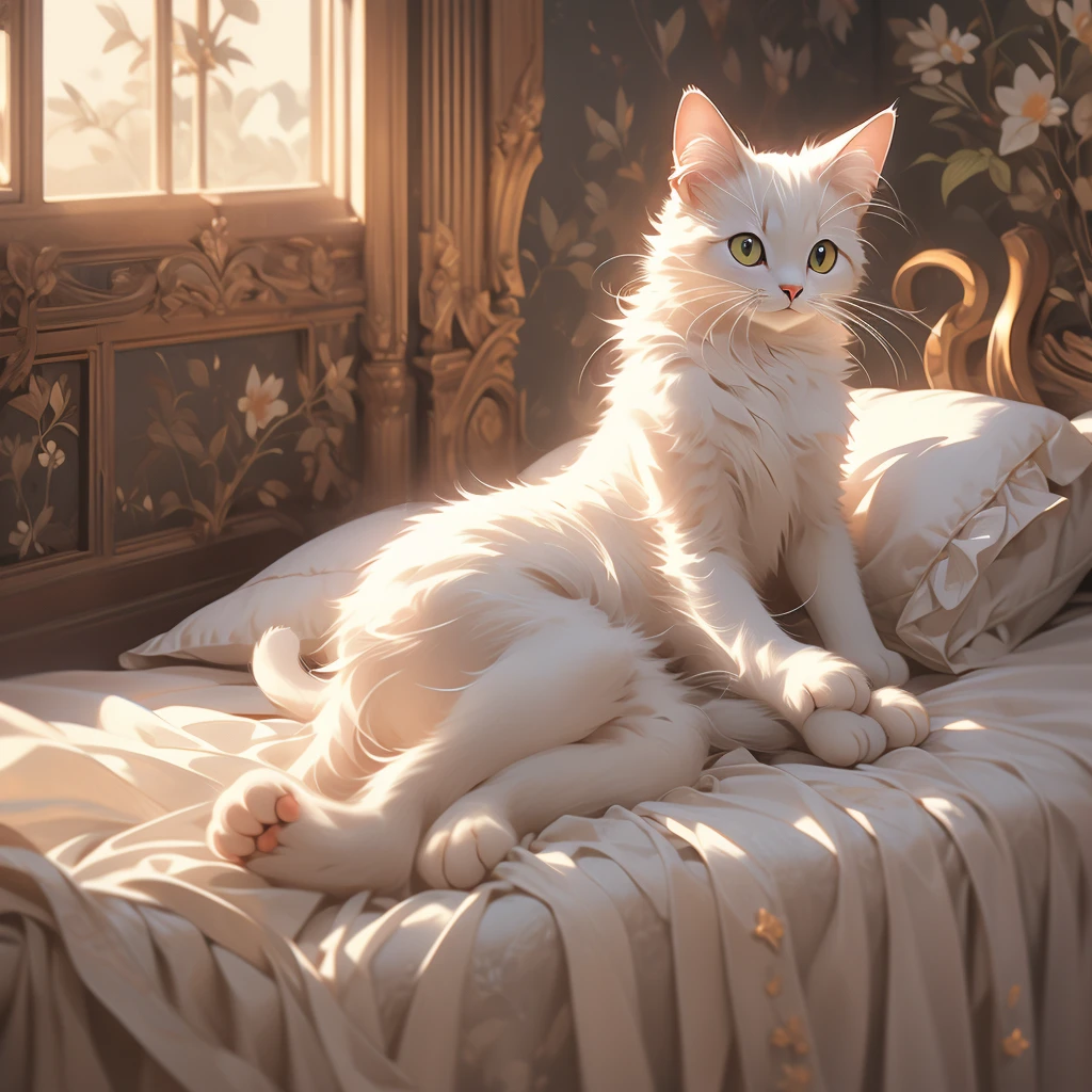 a cat lying on a bed in a room.