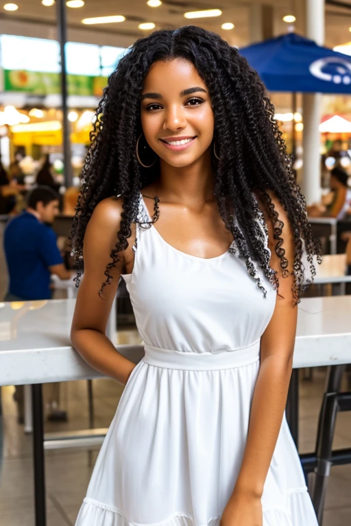 Brazilian brunette with black curly hair, in white dress, in a food court