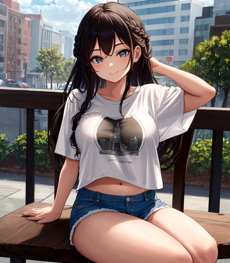 (masterpiece, best quality, ultra-detailed), swept bangs, braid, braided bangs, (wearing a t-shirt:1.2), sitting on a chair outside of caf, embracing the natural beauty, sunlight, beautiful cloudy sky, city, street, denim shorts, black stocking,
medium breasts, thick thighs, critical angle, cowboy shot, arm behind head, arm behind back, armpits, light smile, crop top, strong and seductive expressions,,