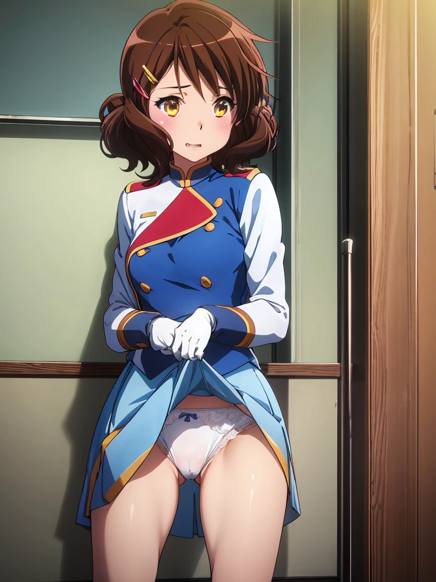 1 Girl,Cowboy Shot,Skirt flip,White lace panties,高qualityのアニメ、High resolution, Kumiko、Tabletop,band uniform,sunfes marching band uniform,[3D Images:1.5],[[Attractive eyes,Fine grain、Shining Eyes, colorfulな目:1.15],whole、Looking at the audience,8K images,Cute Anime Girl, 茶colorの目, Black Hair, bangs, Long Hair, Dark Skin, Hair Clip, White shirt, Blue Skirt, No socks, School boots, 黄前Kumiko, masterpiece, Portraiture, Official Art, One girl, high school girl, Summer clothes, Black Hair, 茶colorの目, 褐colorの肌が幸せ, club room, Sitting, Amazing visuals, High resolution,masterpiece,Highest quality,,  years,young woman,beautiful指,beautiful長い脚,beautiful体,beautiful鼻,beautifulキャラクターデザイン, Official Art,非常に詳細な CG ユニティ 8K 壁紙, Perfect lighting,colorful, bright_front_face_Lighting,Shiny skin, (masterpiece:1.0),(Highest_quality:1.0), 超High resolution,4K,Super detailed, photograph, 8K, High resolution, High resolution, Absurd:1.2, コダックポートの場合teeth 400, Film Grain, Blurred Background, Bokeh:1.2, Lens flare, (Vibrant_color:1.2), (beautiful_face:1.5),(narrow_Waist), ,Browsing Caution, From behind, I had already finished, Under the skirt, Recall, Green panties, Camel Toe, blush, 笑face, teeth, teeth focus,alone, grabbing own teeth, huge teeth, Spread your legs,Staring. Audience, On my knees, (Perfect hands, Perfect Anatomy),