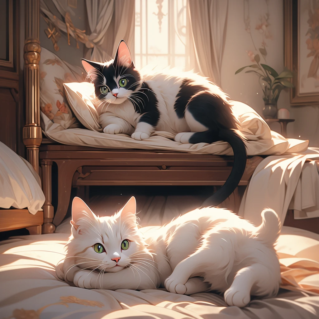 a cat lying on a bed in a room.