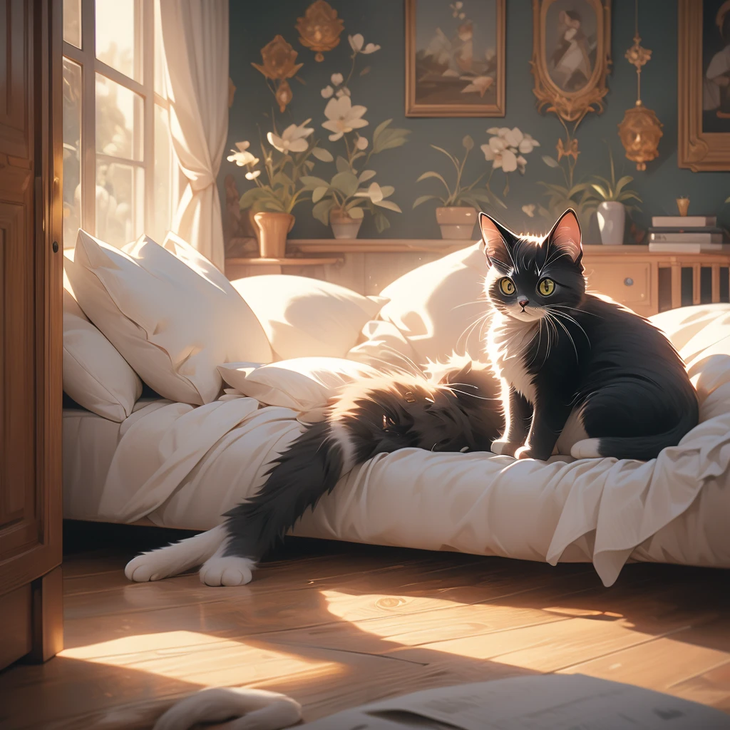 a cat lying on a bed in a room.