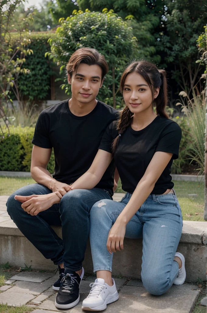 Foto Realistic seorang kekasih yang sangat romantis, a beautiful girl from koren  with blonde  pony tail hair, wearing a blue  t-shirt, Black long jeans slightly torn, black sneakers,and .handsome young man from koren , wearing a black t-shirt, Black long jeans slightly torn, wearing black sports shoes,they smiled sweetly,they are sitting in a garden, the picture is very clear, Realistic, Full HD ultra HD 16K