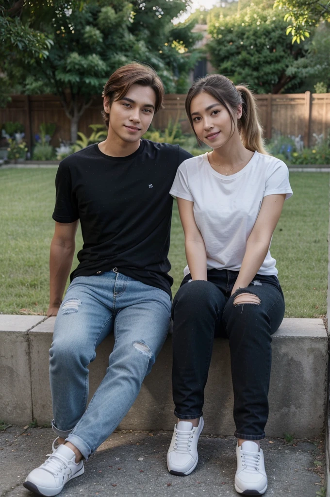 Foto Realistic seorang kekasih yang sangat romantis, a beautiful girl from koren  with blonde  pony tail hair, wearing a blue  t-shirt, Black long jeans slightly torn, black sneakers,and .handsome young man from koren , wearing a black t-shirt, Black long jeans slightly torn, wearing black sports shoes,they smiled sweetly,they are sitting in a garden, the picture is very clear, Realistic, Full HD ultra HD 16K