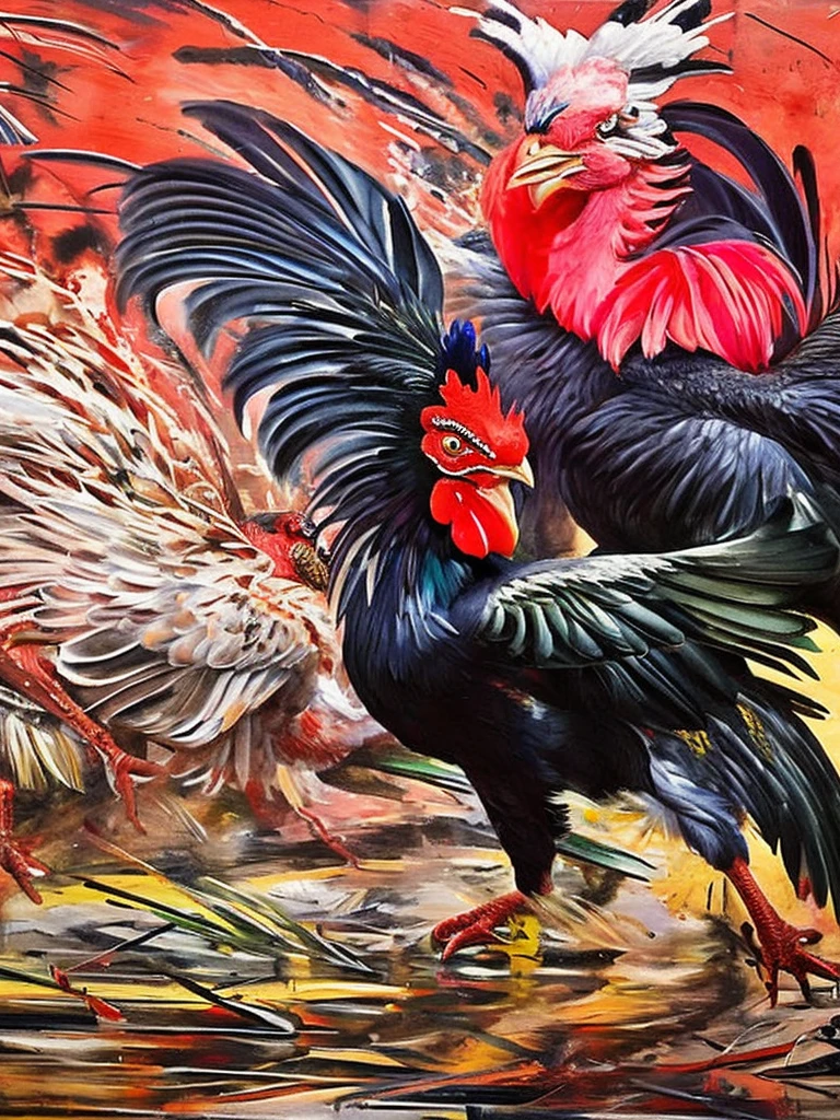 Two roosters locked in a fierce battle in a dimly lit arena, their eyes locked in a display of intense rage. This cinematic fight scene captures the intensity of their struggle as they clash with ferocity. The image is a detailed painting that showcases the intricate feathers of the roosters, their gleaming eyes, and the tension in their bodies as they face off. Every brushstroke exudes a sense of drama and adrenaline, drawing the viewer in with its vivid and dynamic portrayal of this high-stakes confrontation.