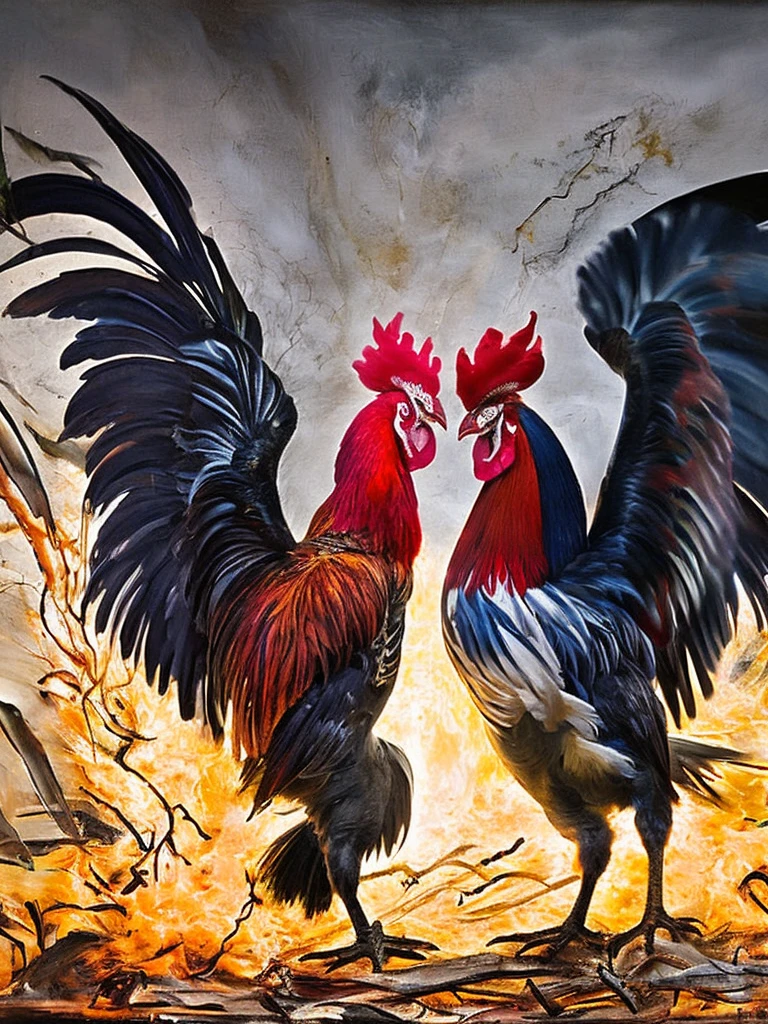 Two roosters locked in a fierce battle in a dimly lit arena, their eyes locked in a display of intense rage. This cinematic fight scene captures the intensity of their struggle as they clash with ferocity. The image is a detailed painting that showcases the intricate feathers of the roosters, their gleaming eyes, and the tension in their bodies as they face off. Every brushstroke exudes a sense of drama and adrenaline, drawing the viewer in with its vivid and dynamic portrayal of this high-stakes confrontation.