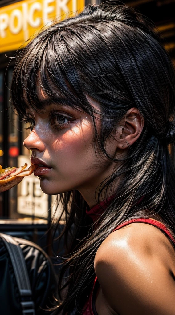 I need a photo of a girl eating a hamburger, Spotlight, with backlight lighting (so the girl has to be in profile clearly) black hair and black bangs
