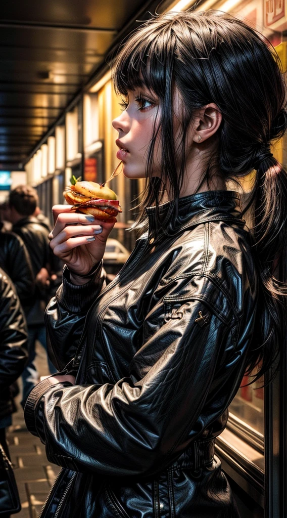 I need a photo of a girl eating a hamburger, Spotlight,  with backlight lighting (so the girl has to be in profile clearly)  black hair and black bangs