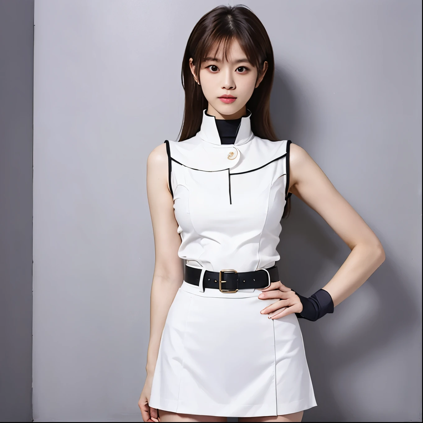 (masterpiece, Highest quality), One Girl,  Junko Makurada, turtleneck, White vest, Sleeveless, High collar, belt, White mini skirt